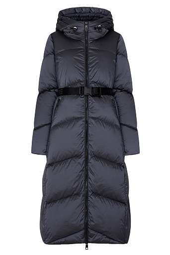 Удлиненное пуховое пальто темно-серого цвета с поясом