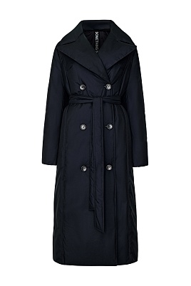Чернильное пуховое пальто с поясом