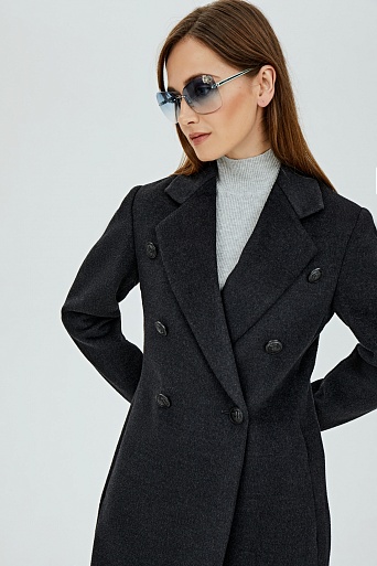Меланжевое двубортное пальто черного цвета
