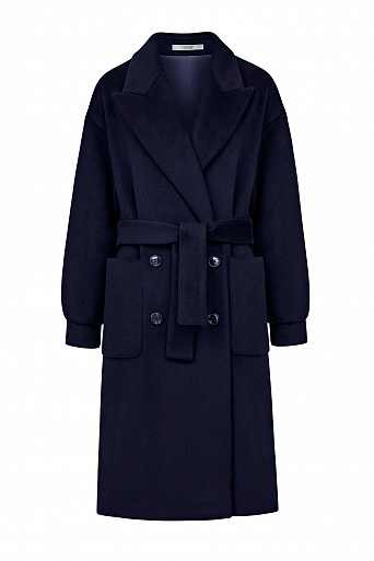 Темно-синее пальто-халат с поясом